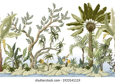 Border with jungles trees. Trendy tropical print