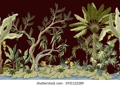 Border with jungles trees. Trendy tropical print