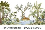 Border with jungles trees,animals and islands in chinoiserie style. Trendy tropical interior print