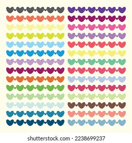Border of large and small colored hearts, clothesline of hearts