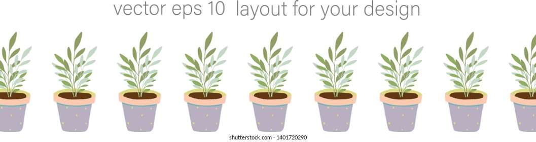Border layout made of houseplants potted in colorful ceramic pots. Hand drawn illustration with noisy texture ideal for printing, web banners, packaging and design