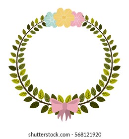 border of leaves with pink bow and flowers