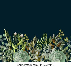 Border with leaves and succulent  in watercolor style. Eucalyptus, magnolia, fern and other  