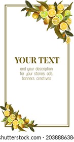 Border of lemon branches. Vector wreath for lemonade labels, summer designs, summer cafes, summer menus, banner ad, stories