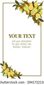 Border of lemon branches. Vector wreath for lemonade labels, summer designs, summer cafes, summer menus, banner ad, stories