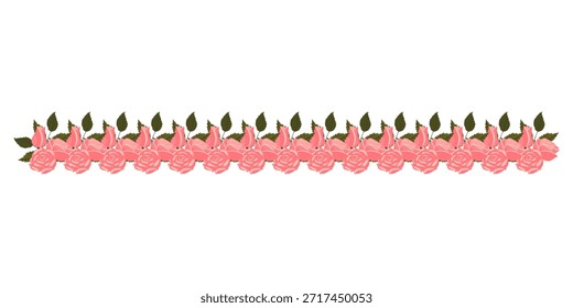 Un borde de rosa claro, exuberantes, elegantes rosas y cogollos para su diseño. Ilustración vectorial aislada en un fondo blanco.