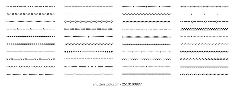 Conjunto de Elementos de diseño de línea de frontera. Colección de proveedor de texto ornamental. Elementos de línea Antiguas. Bordes de línea decorativa. Líneas, ondas, zigzag, adornos, líneas geométricas. Ilustración vectorial.