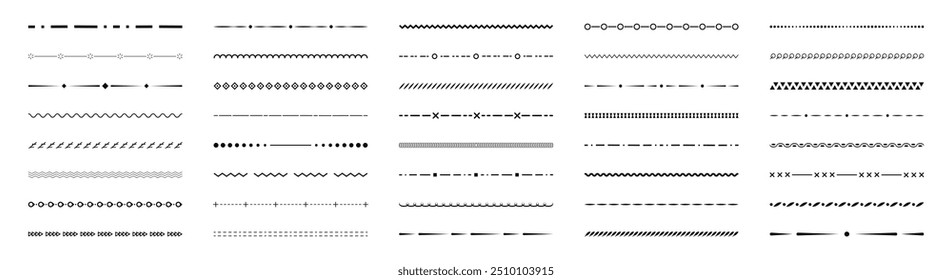 Conjunto de Elementos de diseño de línea de frontera. Colección de proveedor de texto ornamental. Elementos de línea Antiguas. Bordes de línea decorativa. Líneas, ondas, zigzag, adornos, líneas geométricas. Ilustración vectorial.
