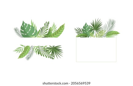 Border Line with Green Tropical Leaves and Jungle Foliage Vector Set