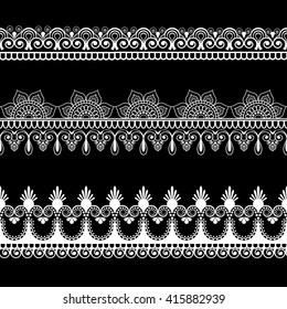 Border line lace mehndi elements in Indian style for card and tattoo isolated on black background. Vector illustration