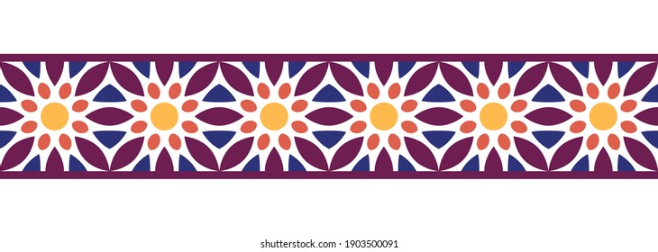 Fondo sin problemas de la línea de borde. Diseño decorativo, sin fisuras, patrón de borde de mosaico ornamental. Motivos islámicos, indios, árabes. Flor abstracta. Ilustración de material vectorial