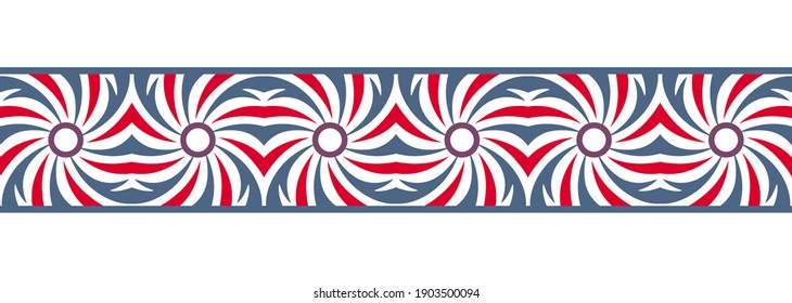 Fondo sin problemas de la línea de borde. Diseño decorativo, sin fisuras, patrón de borde de mosaico ornamental. Motivos islámicos, indios, árabes. Flor abstracta. Ilustración de material vectorial