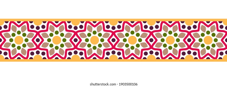 Border line seamless background. Decorative design seamless ornamental mosaic border pattern. Islamic, indian, arabic motifs. Abstract flower. Vector stock illustration