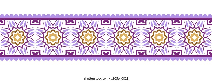 Border line seamless background. Decorative design seamless ornamental mosaic border pattern. Islamic, indian, arabic motifs. Abstract folk flower. Vector stock illustration