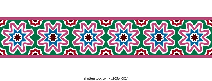 Fondo sin problemas de la línea de borde. Diseño decorativo, sin fisuras, patrón de borde de mosaico ornamental. Motivos islámicos, indios, árabes. Flor folclórica abstracta. Ilustración de material vectorial