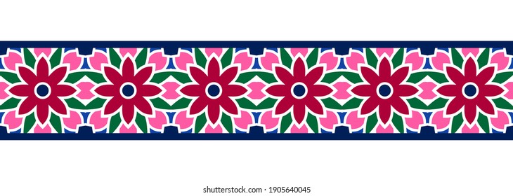 Border line seamless background. Decorative design seamless ornamental mosaic border pattern. Islamic, indian, arabic motifs. Abstract folk flower. Vector stock illustration