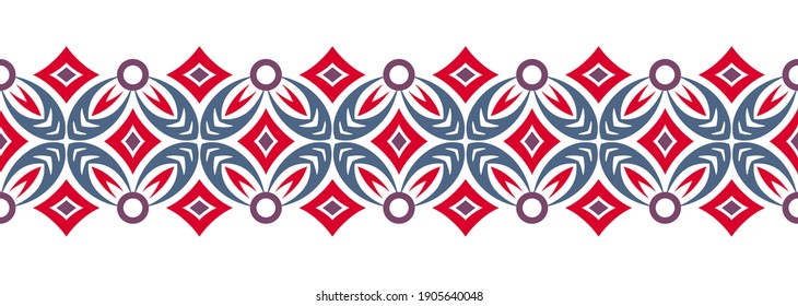 Border line seamless background. Decorative design seamless ornamental mosaic border pattern. Islamic, indian, arabic motifs. Abstract folk flower. Vector stock illustration