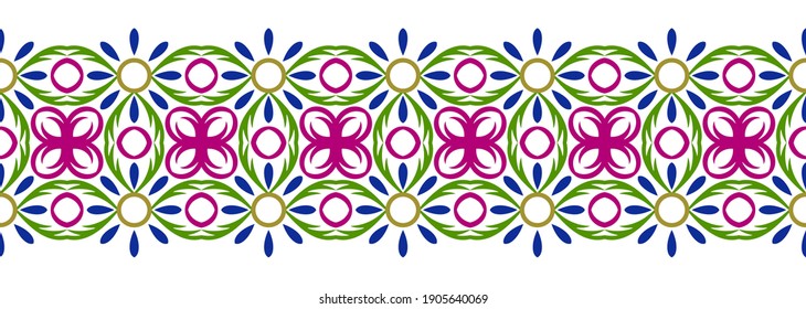 Fondo sin problemas de la línea de borde. Diseño decorativo, sin fisuras, patrón de borde de mosaico ornamental. Motivos islámicos, indios, árabes. Flor folclórica abstracta. Ilustración de material vectorial
