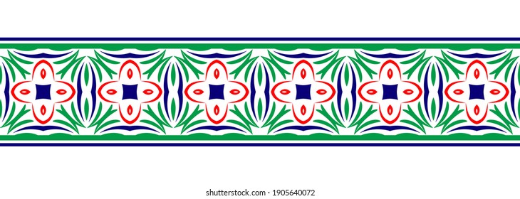 Border line seamless background. Decorative design seamless ornamental mosaic border pattern. Islamic, indian, arabic motifs. Abstract folk flower. Vector stock illustration