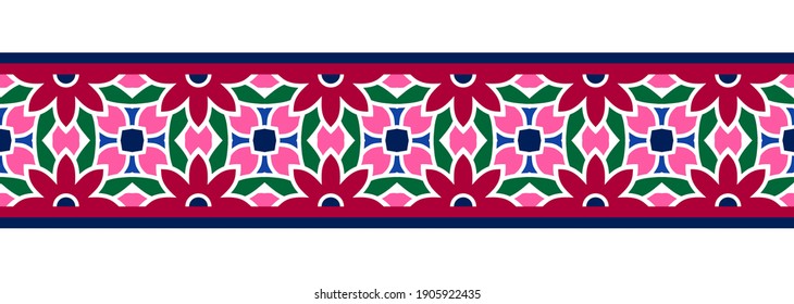 Border line seamless background. Decorative design seamless ornamental mosaic border pattern. Islamic, indian, arabic motifs. Abstract folk flower. Vector stock illustration