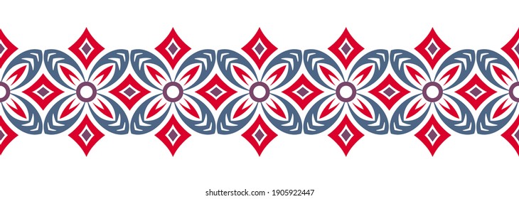 Border line seamless background. Decorative design seamless ornamental mosaic border pattern. Islamic, indian, arabic motifs. Abstract folk flower. Vector stock illustration