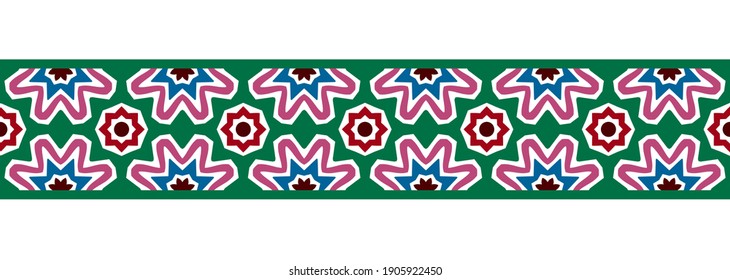 Border line seamless background. Decorative design seamless ornamental mosaic border pattern. Islamic, indian, arabic motifs. Abstract folk flower. Vector stock illustration