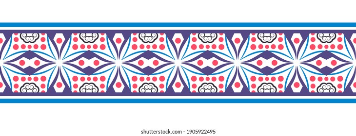 Grenzlinie, nahtloser Hintergrund. Dekoratives Design nahtlose Ziermosaikrahmen-Muster. Islamische, indische, arabische Motive. Abstrakte Volksblume. Vektorgrafik