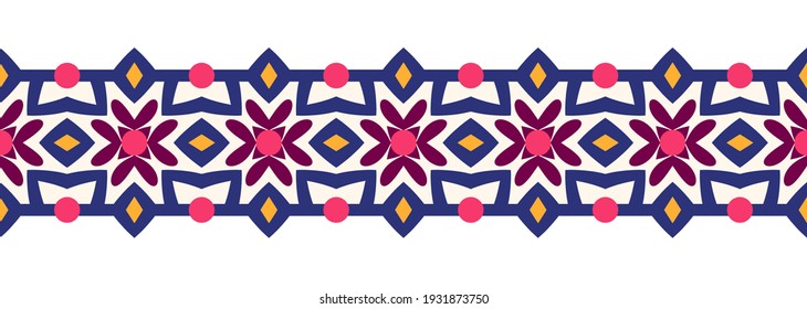 Border line seamless background. Decorative design seamless ornamental mosaic border pattern. Islamic, indian, arabic motifs. Abstract folk flower. Vector stock illustration