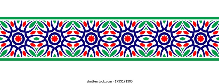 Grenzlinie, nahtloser Hintergrund. Dekoratives Design nahtlose Ziermosaikrahmen-Muster. Islamische, indische, arabische Motive. Abstrakte Volksblume. Vektorgrafik