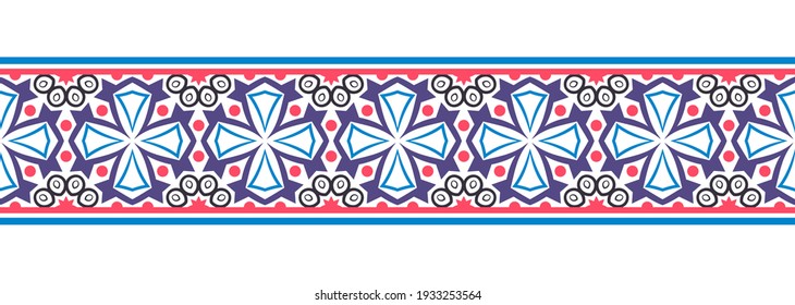 Border line seamless background. Decorative design seamless ornamental mosaic border pattern. Islamic, indian, arabic motifs. Abstract folk flower. Vector stock illustration