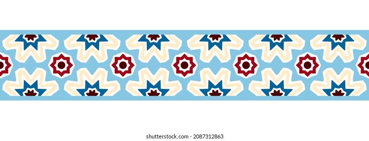 Fondo sin problemas de la línea de borde. Diseño decorativo, sin fisuras, patrón de borde de mosaico ornamental. Motivos islámicos, indios, árabes. Flor folclórica abstracta. Ilustración del vector