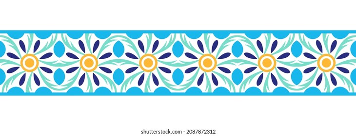 Border line seamless background. Decorative design seamless ornamental mosaic border pattern. Islamic, indian, arabic motifs. Abstract folk flower. Vector illustration