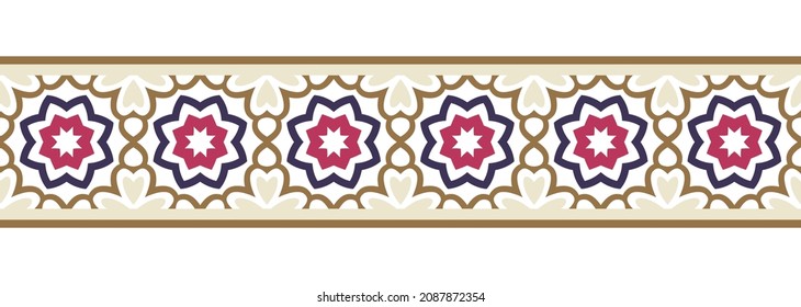 Border line seamless background. Decorative design seamless ornamental mosaic border pattern. Islamic, indian, arabic motifs. Abstract folk flower. Vector illustration