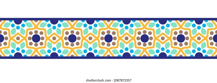 Border line seamless background. Decorative design seamless ornamental mosaic border pattern. Islamic, indian, arabic motifs. Abstract folk flower. Vector illustration