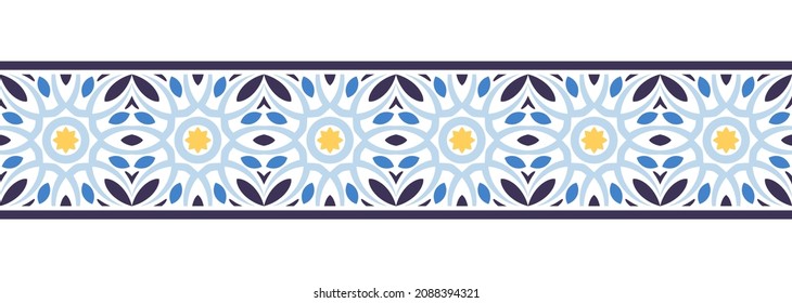 Border line seamless background. Decorative design seamless ornamental mosaic border pattern. Islamic, indian, arabic motifs. Abstract folk flower. Vector illustration