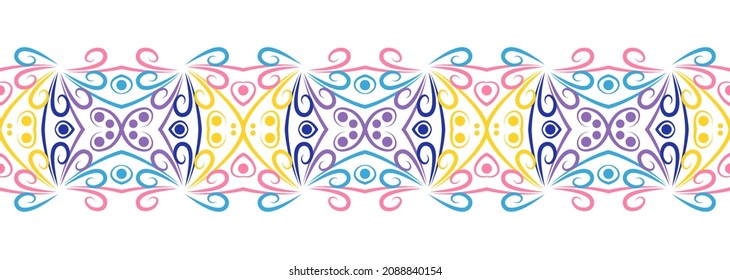 Border line seamless background. Decorative design seamless ornamental mosaic border pattern. Islamic, indian, arabic motifs. Abstract folk flower. Vector illustration