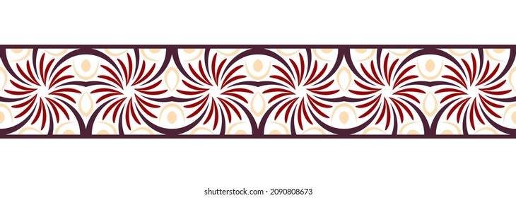 Border line seamless background. Decorative design seamless ornamental mosaic border pattern. Islamic, indian, arabic motifs. Abstract folk flower. Vector illustration