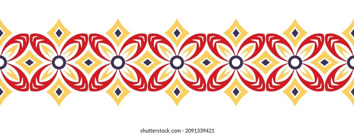 Border line seamless background. Decorative design seamless ornamental mosaic border pattern. Islamic, indian, arabic motifs. Abstract folk flower. Vector illustration