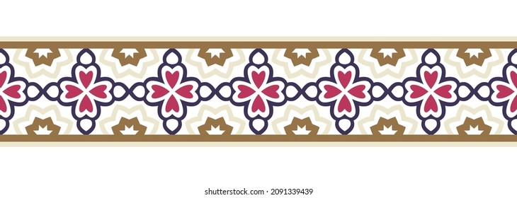 Fondo sin problemas de la línea de borde. Diseño decorativo, sin fisuras, patrón de borde de mosaico ornamental. Motivos islámicos, indios, árabes. Flor folclórica abstracta. Ilustración del vector