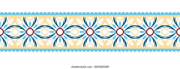 Fondo sin problemas de la línea de borde. Diseño decorativo, sin fisuras, patrón de borde de mosaico ornamental. Motivos islámicos, indios, árabes. Flor folclórica abstracta. Ilustración del vector