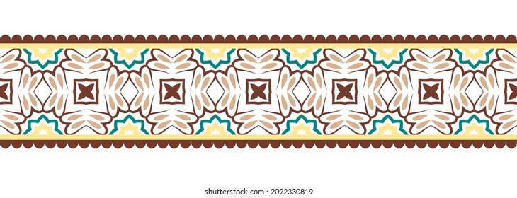 Border line seamless background. Decorative design seamless ornamental mosaic border pattern. Islamic, indian, arabic motifs. Abstract folk flower. Vector illustration