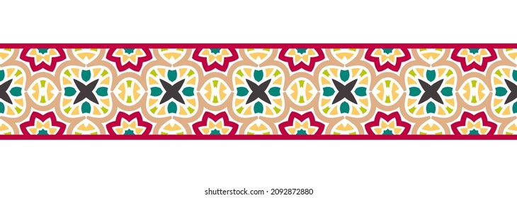 Border line seamless background. Decorative design seamless ornamental mosaic border pattern. Islamic, indian, arabic motifs. Abstract folk flower. Vector illustration