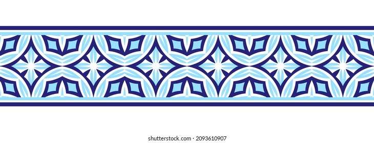 Border line seamless background. Decorative design seamless ornamental mosaic border pattern. Islamic, indian, arabic motifs. Abstract folk flower. Vector illustration