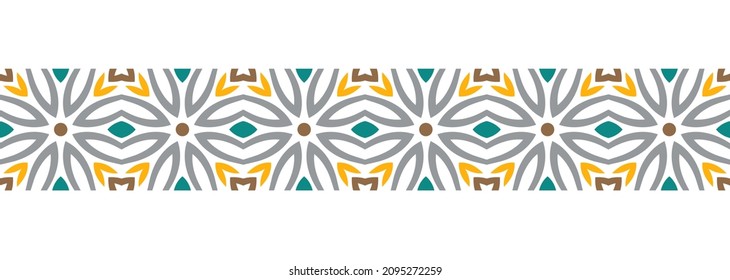 Border line seamless background. Decorative design seamless ornamental mosaic border pattern. Islamic, indian, arabic motifs. Abstract folk flower. Vector illustration