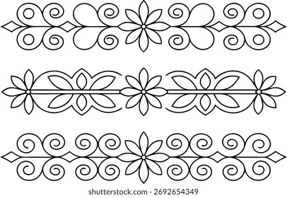 Diseño de conjunto de líneas de borde en contornos. Colección de contorno de borde decorativo. Elegante juego de marco y divisor. Ilustración de línea de borde mínima. Diseño de contorno de borde geométrico. Arte de línea de marco ornamental