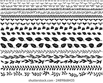 Border line set of hand drawn style various plant and leaf silhouettes
