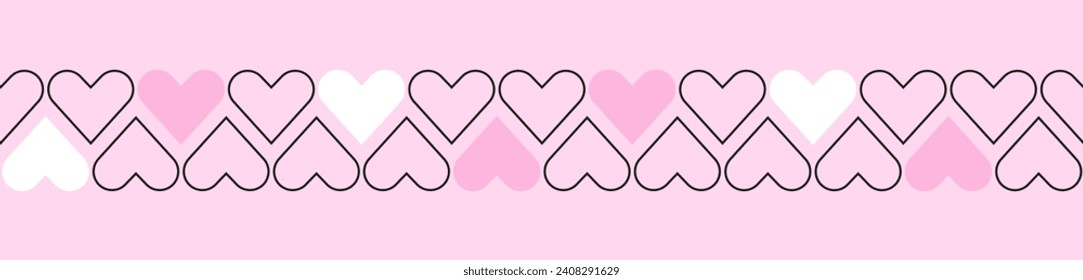 Border of linear and colored hearts in a row. Seamless pattern for Valentine's Day. Romantic y2k background, love design. Vector illustration. 