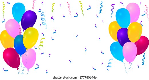Borde hecho de globos y confeti. Marco festivo de carnaval. Antecedentes de un cumpleaños o fiesta. Imagen vectorial.