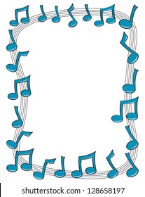 A border made up of blue music notes dancing on top of a curving staff.
