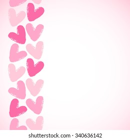 Border made of brush drawn hearts. Seamless in vertical direction. Valentine's Day vector background with space for text. Rough, artistic, uneven edges. Shades of pink.